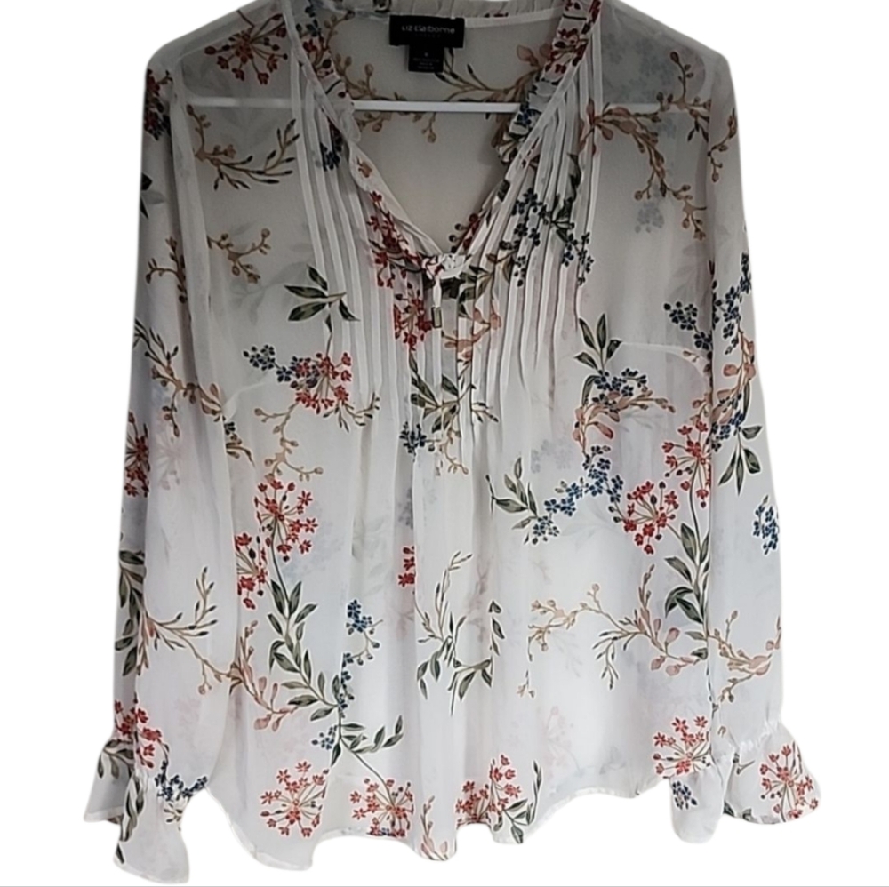 Beautiful Liz Claiborne  sheer long sleeve blouse white floral size M